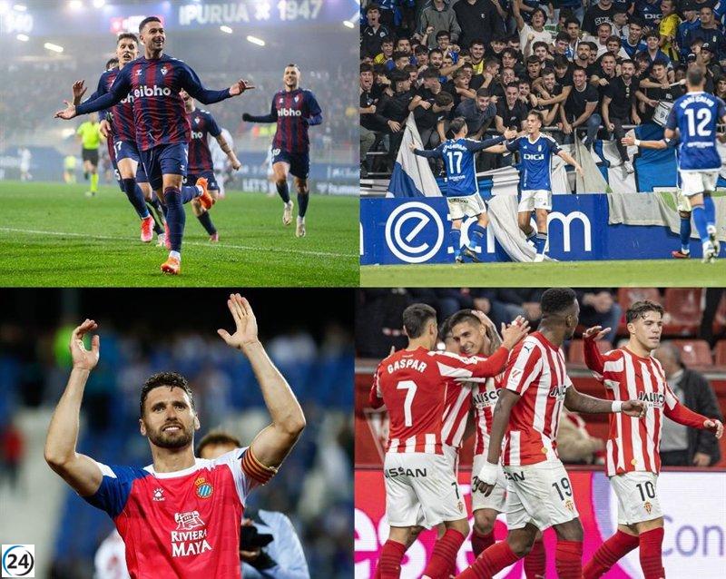 Cuatro equipos compiten por ascender a Primera División: Eibar, Oviedo, Espanyol y Sporting.