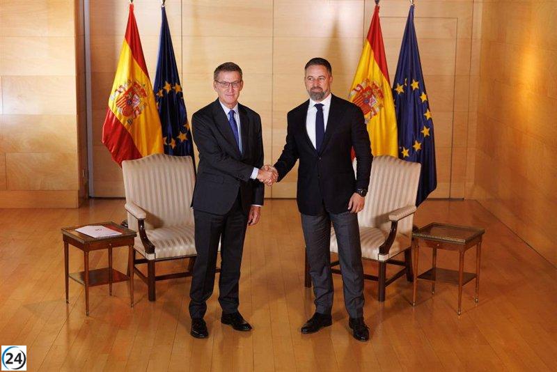 Feijóo y Abascal se reúnen para discutir la necesidad de estabilidad en la Comunidad Valenciana tras la dimisión de Mazón.