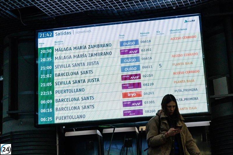 Adif interrumpe el servicio de AVE entre Madrid y las ciudades andaluzas este lunes.