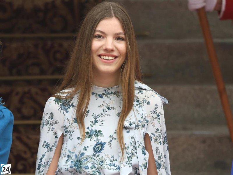 La Infanta Sofía deslumbra con su elegante vestido capa adornado de flores en la ceremonia de juramento constitucional de la Princesa Leonor.